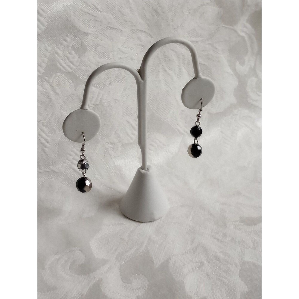 Faceted Black Glass Globe Bead with Silver Hematite Finish Dangle Earrings 1.75